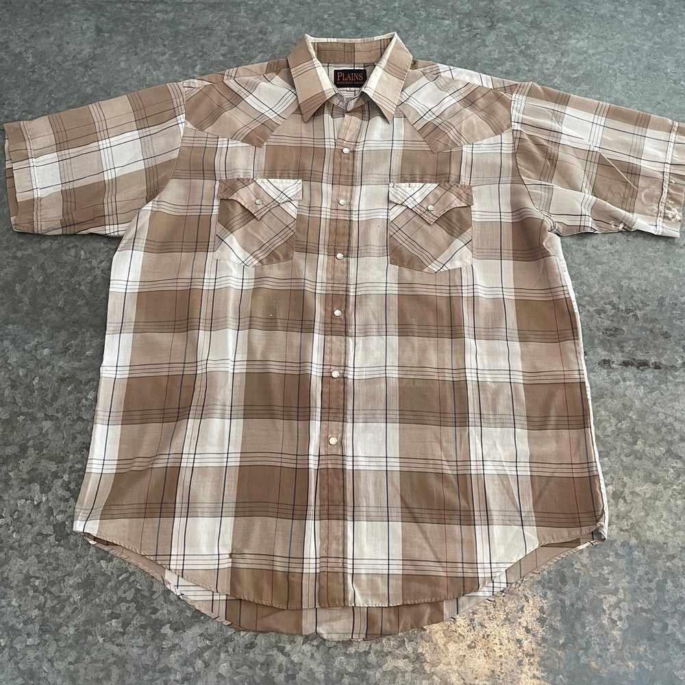 Vintage Plains Western Wear Snap Shirt Mens Large Short Sleeve Brown Cream Plaid